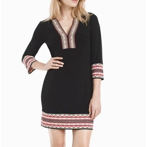 White House Black Market embroidered shift dress black Boho Tribal Mini size XXS - Picture 1 of 9